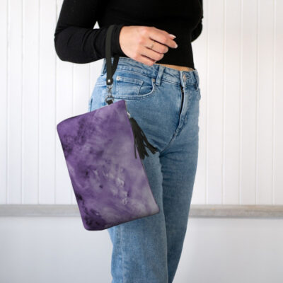 Purple Abstract Vegan Leather Makeup Bag view with model