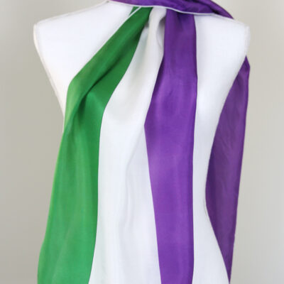 Suffragette UK Ultraviolet, Green and White Scarf front view in Satin Charmeuse