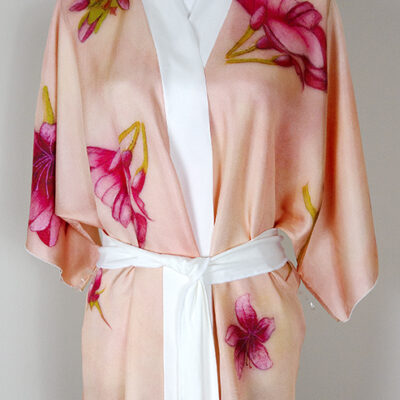 Cherry Blossom Kimono Silk Twill with White Trim Front View