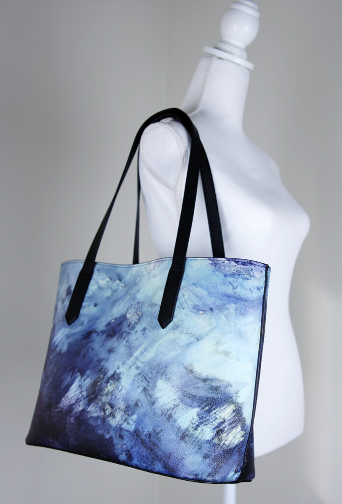 Blue Abstract Vegan Leather Tote Bag with Black Straps - Elizabeth