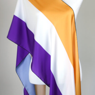 Suffragette USA scarf in purple, yellow/orange and white panels front manequin view