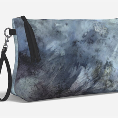 Blue Abstract Medulli Vegan Leather Makeup Bag with Black Tab and Strap front view