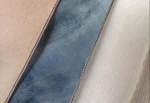 Coral silk, blue see-thru poly chiffon and white silk fabrics